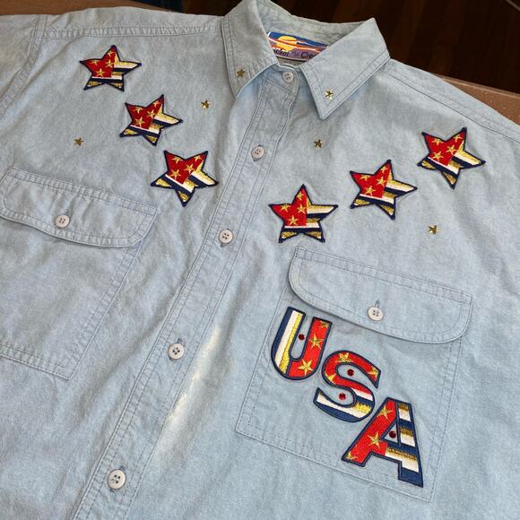Cricket of the Creek Womens short sleeve denim button up Embroidered Stars VTG M - Picture 13 of 14